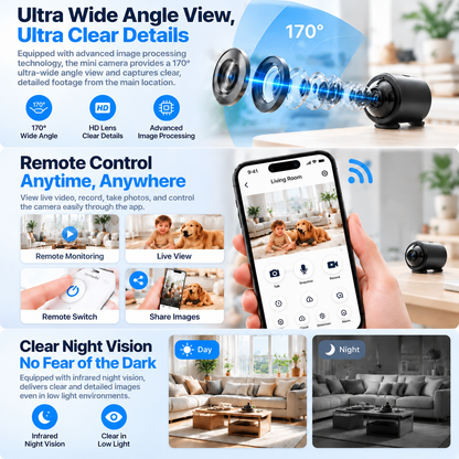 Mini Security Camera – One Tiny Camera. 170° Wide View. Night Vision. Instant Alerts. Total Peace of Mind. 👀🛡️🌙