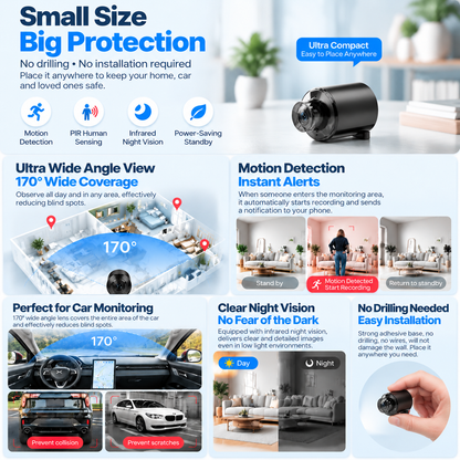 Mini Security Camera – One Tiny Camera. 170° Wide View. Night Vision. Instant Alerts. Total Peace of Mind. 👀🛡️🌙