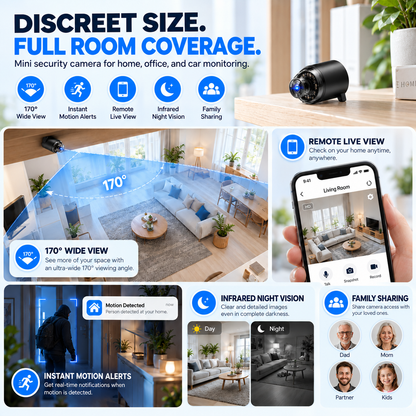 Mini Security Camera – One Tiny Camera. 170° Wide View. Night Vision. Instant Alerts. Total Peace of Mind. 👀🛡️🌙
